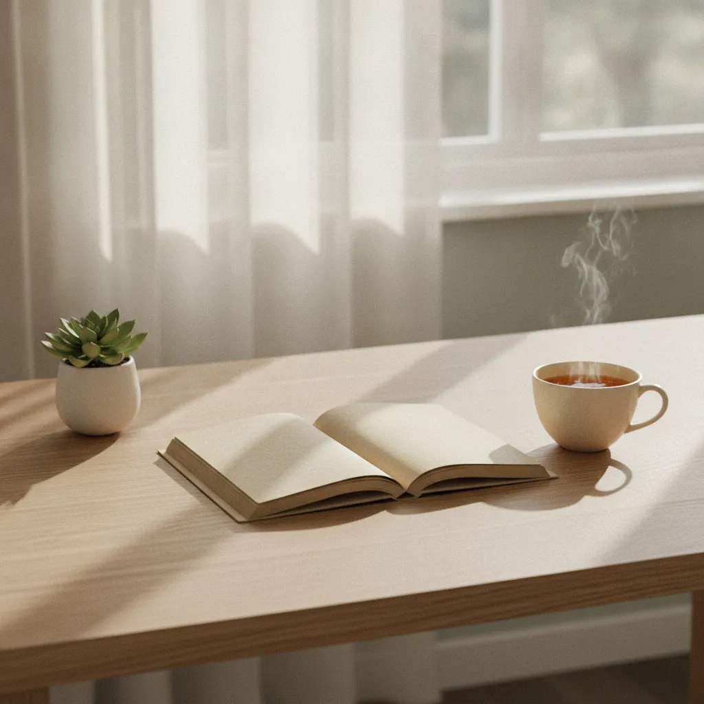 Een rustige werkruimte met een notitieboek, een plant en een kopje thee op een houten bureau bij een raam