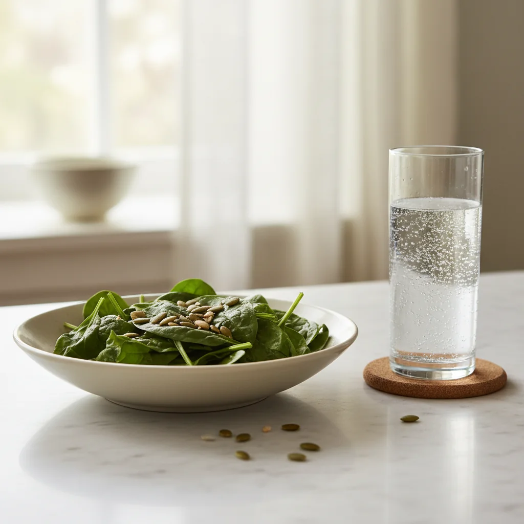 Donkergroene bladgroenten, pompoenpitten en een glas mineraalwater op een licht marmeren aanrecht