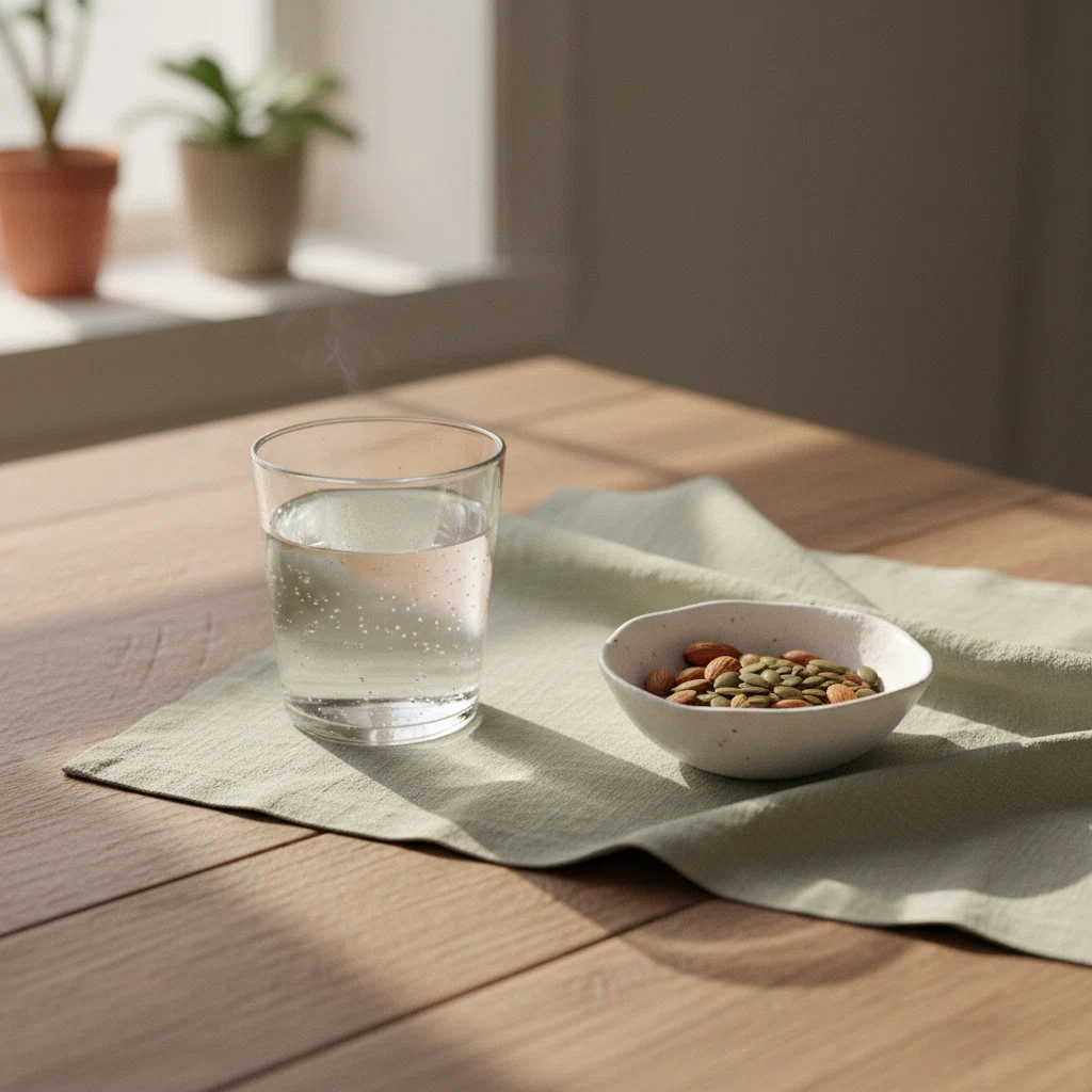 Een glas water en een klein schaaltje met noten op een licht houten ontbijttafel in ochtendlicht